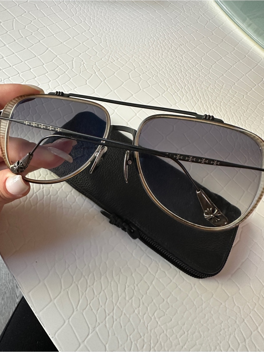 Chrome Hearts Black Frame Sunglasses with Brown Trim and Gray Gradient Lenses - Picture 8 of 9
